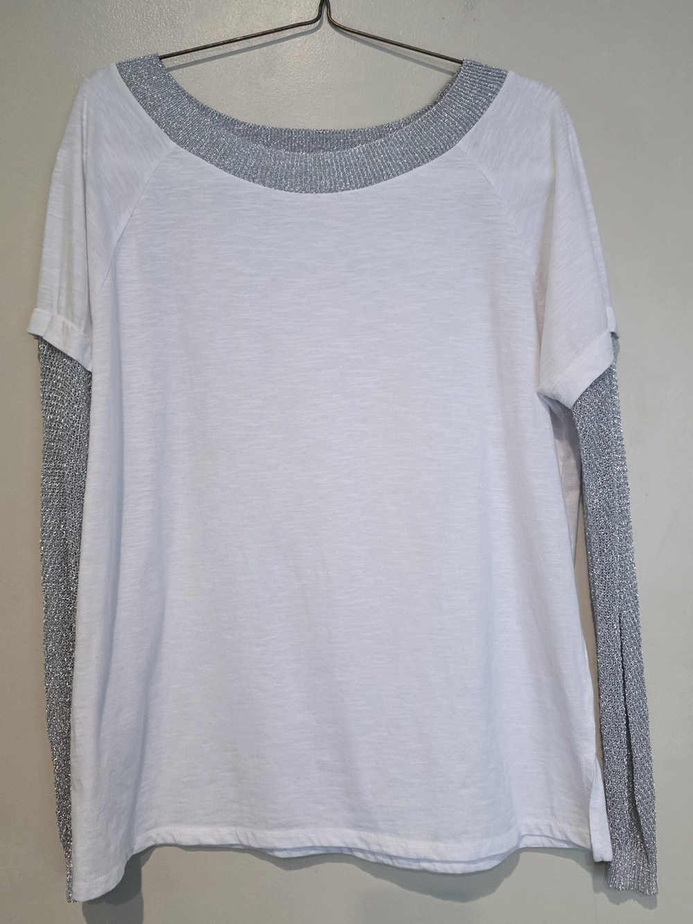 Gilded Intent White Top with Silver Knit Sleeves Casual Fun Unique